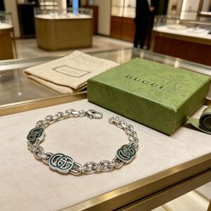 Gucci Style Silver Chain Bracelet with Green Enamel GG